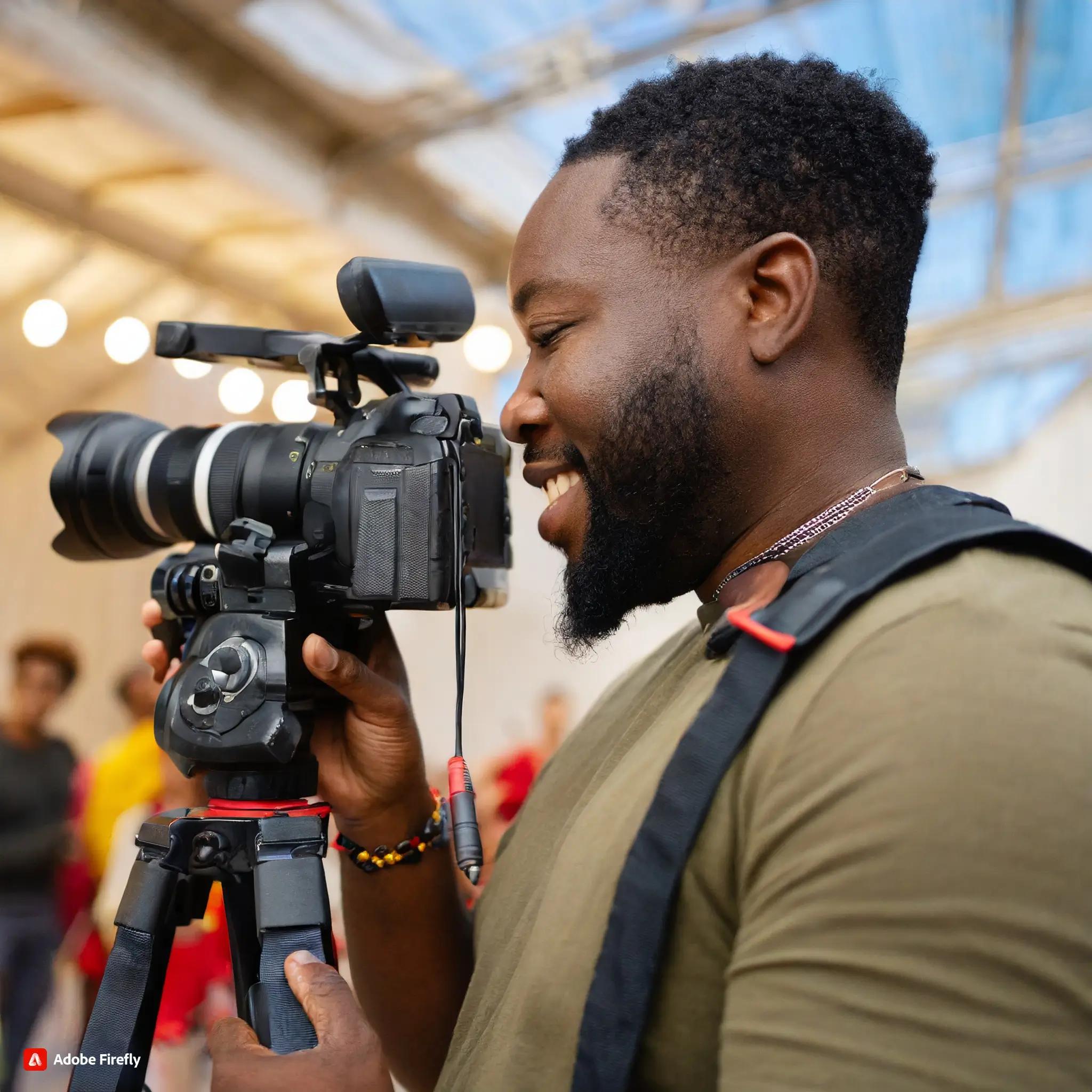 Man smiling when videographing an event